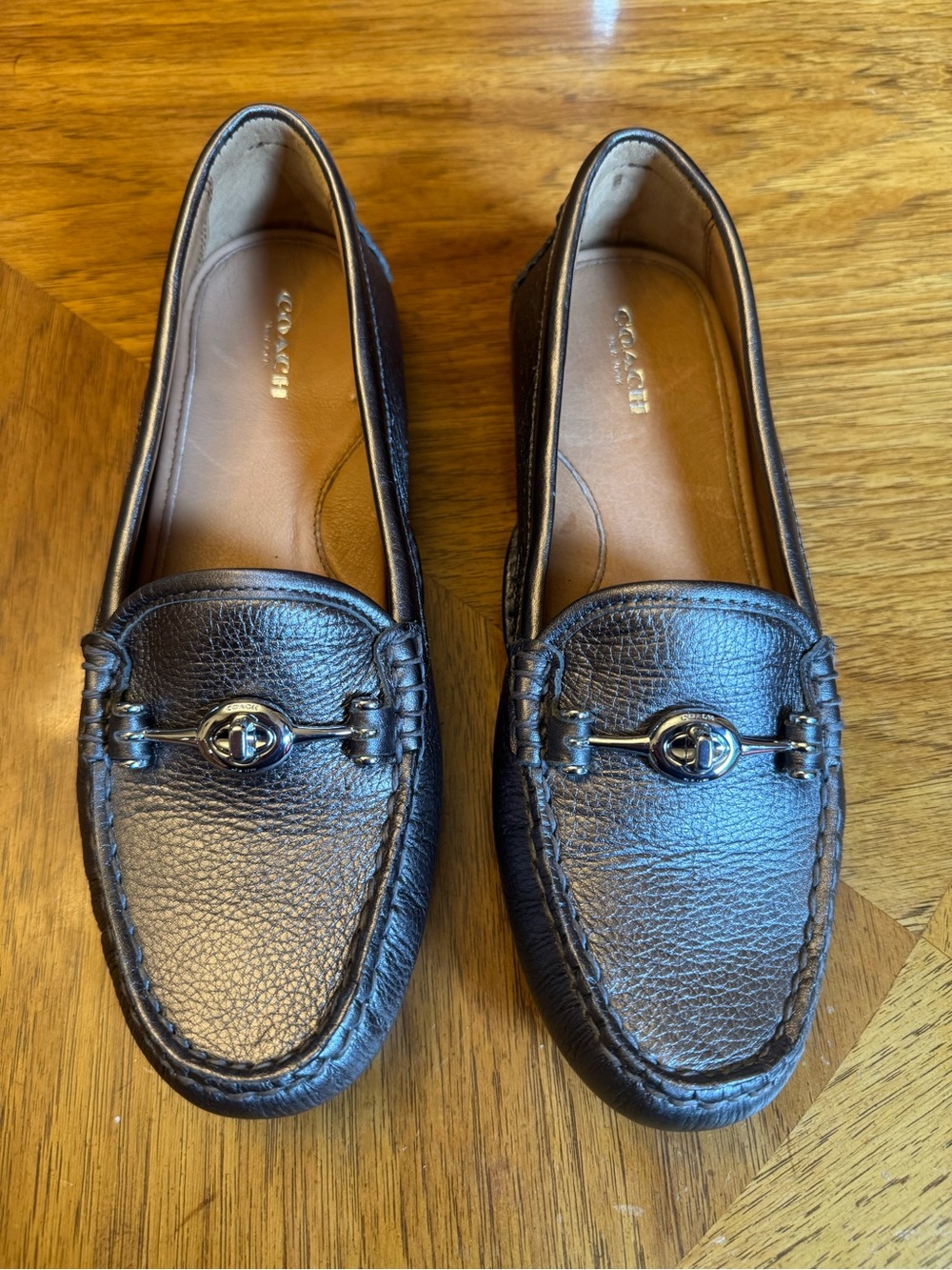 Coach Metallic Pewter Leather Loafers with Silver Bit